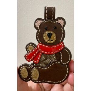 Coach Y2K Vintage Leather & Signature Fabric Brown Teddy Bear Charm Fob Keychain